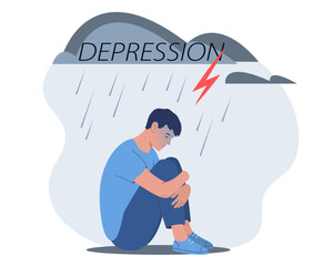 Sad male suffer from depression or mental psychological problems. Young man sitting under rain and cloud. Crisis, burnout syndrome, relationship trouble, loneliness. Flat vector illustration
