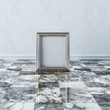 Minimalist art space with a 3D empty frame on a chic Sivec marble floor.