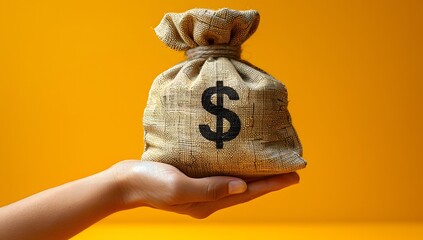 Female Hand holding money bag with a dollar sign on a yellow background, could be used as a banner design for a website. 