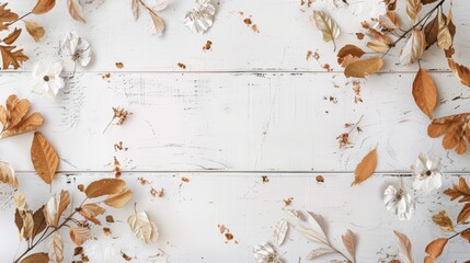 The photo shows a whitewashed wooden background with a border of dried leaves and flowers in autumn colors.