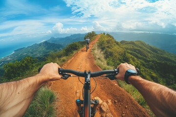 POV view of mountain biking on a scenic trail with stunning views of the ocean and lush greenery under a blue sky - Powered by Adobe