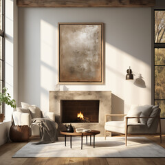 there is a large painting hanging above a fireplace in a living room