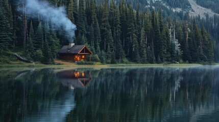 Obraz premium A solitary cabin sits by a tranquil lake, surrounded by towering pine trees. Smoke curls from the chimney, and the reflection of the cabin dances on the still water