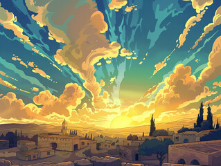 illustration of a sunset over a city with a church and a church tower