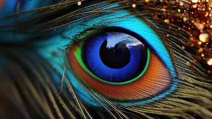 Obraz premium Majestic Peacock Feather Close-Up Showing Vibrant Iridescent Colors and Intricate Patterns