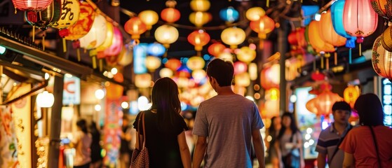 Obraz premium A couple walks hand-in-hand through a vibrant, lantern-lit street during a nighttime festival. The air is filled with laughter and music, and colorful decorations hang above
