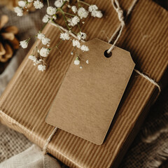 there is a brown gift box with a brown tag and some flowers