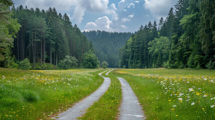 Fototapeta premium Bicycle Lane along meadow surrounded by forest.