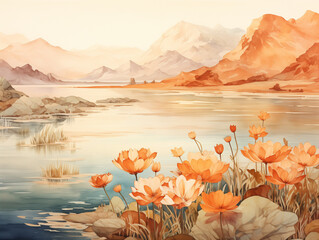 painting of a lake with orange flowers and mountains in the background