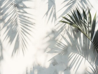 Sunlight casting palm leaf shadows on a white wall, creating a serene and tropical atmosphere.