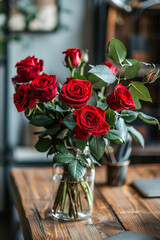Fototapeta premium Beautiful fresh red rose sitting on a wooden desk 