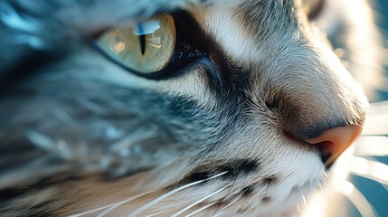 Detailed Close-up of a Cat's Face Showing Whiskers and Fur Texture