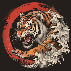 tiger with waves in the background and a red circle