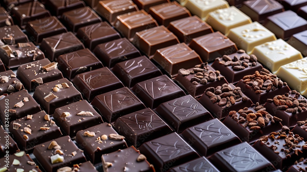 Aufkleber detailed view of assorted chocolate bars in various flavors and types, neatly arranged with rich col