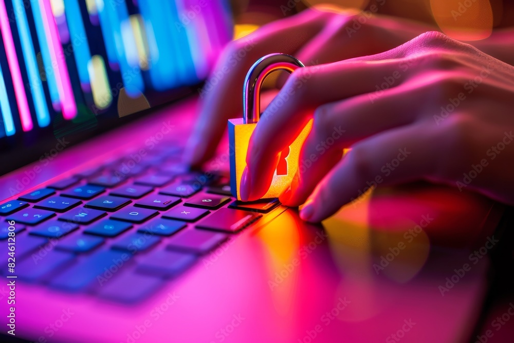 Poster hand presenting glowing blue cloud lock on interface symbolizes secure data in technology