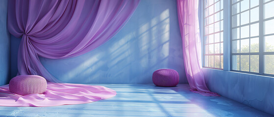 Violet purple empty wall in room with silk curter
