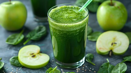 Green juice in a clear glass with a straw, surrounded by fresh spinach and apple slices