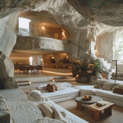 An interior shot of an underground home, highlighting the integration of natural rock formations with modern living spaces, including stone walls and contemporary furniture