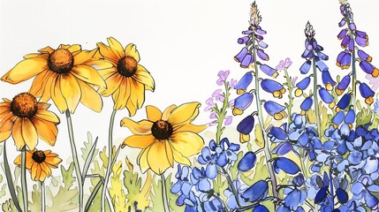 Watercolor, ink and black fine line drawing of yellow and purple flowers on white background.