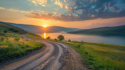 Peaceful winding road leading to serene lake under a picturesque sunset sky