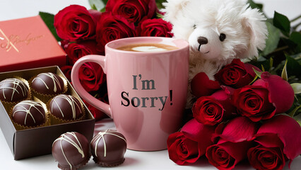 cute coffee or tea mug with loving message "I'm sorry" with chocolate bombons, red roses and white teddy bear, heal relationship gift idea