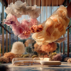 there are many fluffy clouds hanging from the ceiling in the room