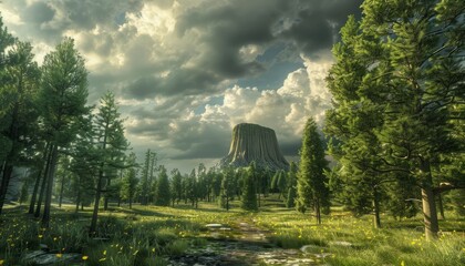 A 3D-rendered scene of Devil's Tower National Monument in Wyoming, captured under an early morning cloudy sky with a lush forest in the foreground