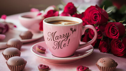 cute coffee or tea mug with loving message "Marry Me!" with chocolate bombons and red roses, love declaration and marriage proposal idea