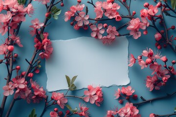 A blank piece of paper surrounded by lovely pink flowers. Elegant mockup for a greeting card