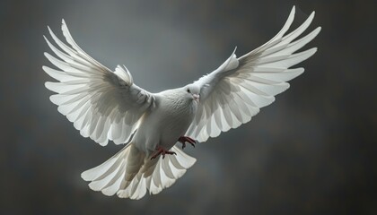 Fototapeta premium A white dove captured in mid-flight, symbolizing peace and freedom