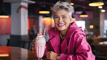 a cool modern elderly caucasian woman enjoying pink strawberry smoothie at a cafe