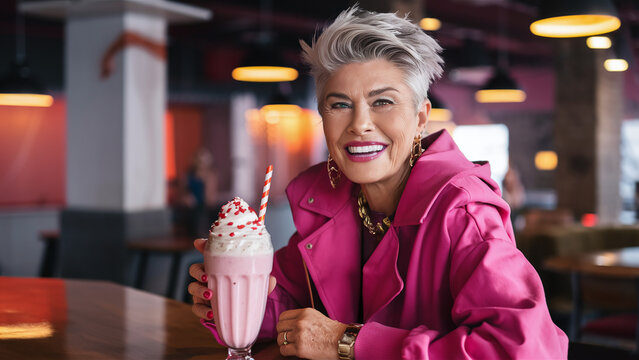 a cool modern elderly caucasian woman enjoying pink strawberry smoothie at a cafe - Powered by Adobe