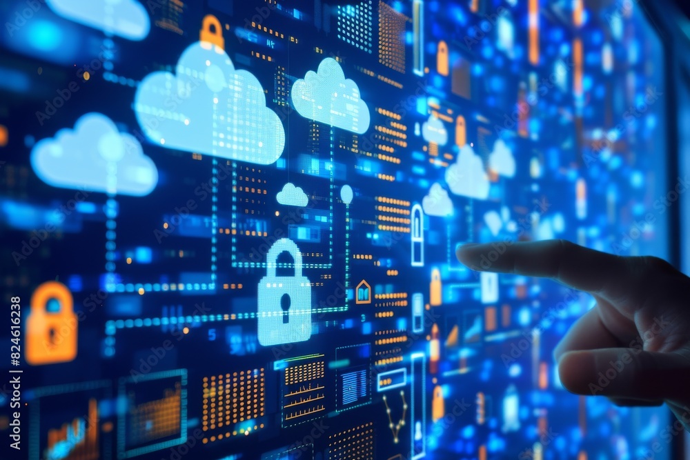 Aufkleber hand touching blue cloud lock on digital interface represents secure cloud computing