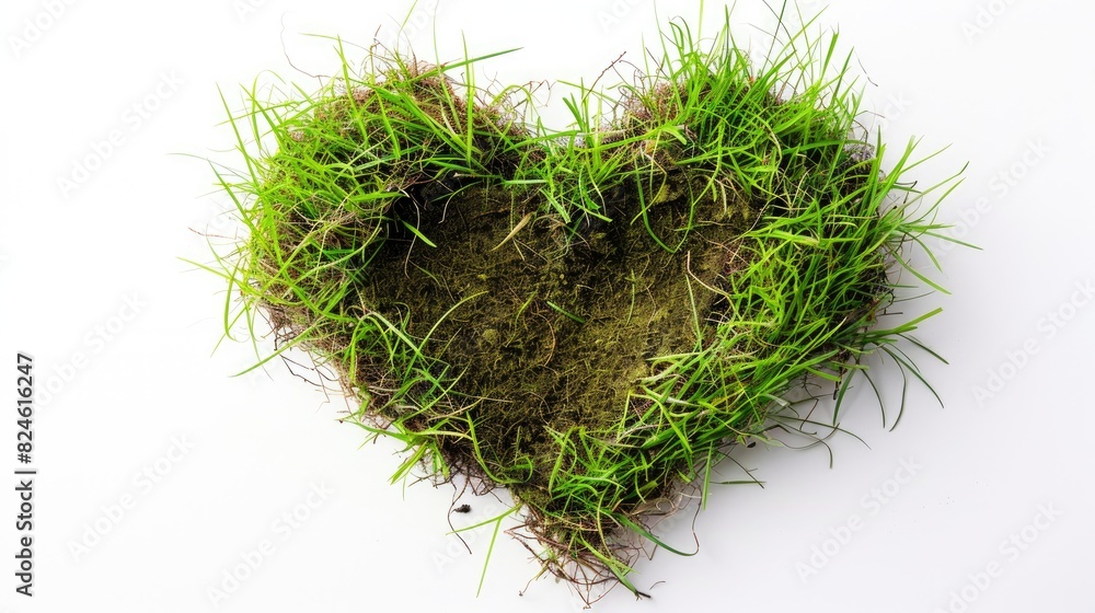 Poster grass and soil arranged in a heart shape on a white background viewed from above