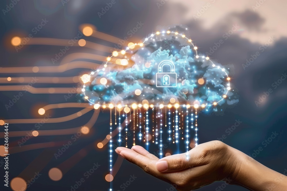 Poster hand presenting glowing cloud lock on digital interface highlights data security