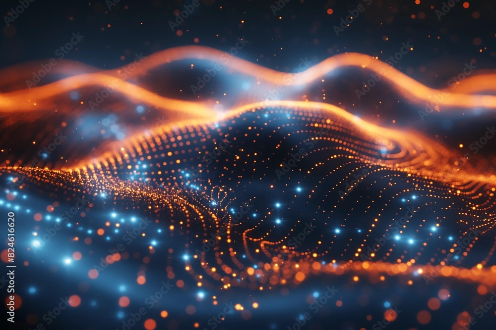 Poster abstract visualization of flowing data streams with glowing orange and blue lights in a digital wave