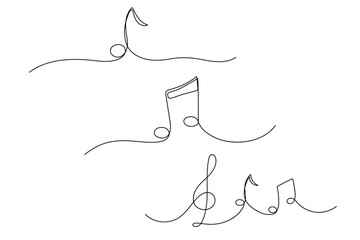 One line musical notes and Treble clef. Outline continuous vector sketches set. Symbol of classic concert.