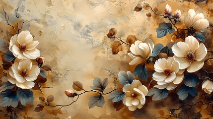 An old-fashioned botanical illustration of a flower bunch with magnolias, gardenias, and hydrangeas, set against a sepia-toned background. List of Art Media Photograph inspired by Spring magazine