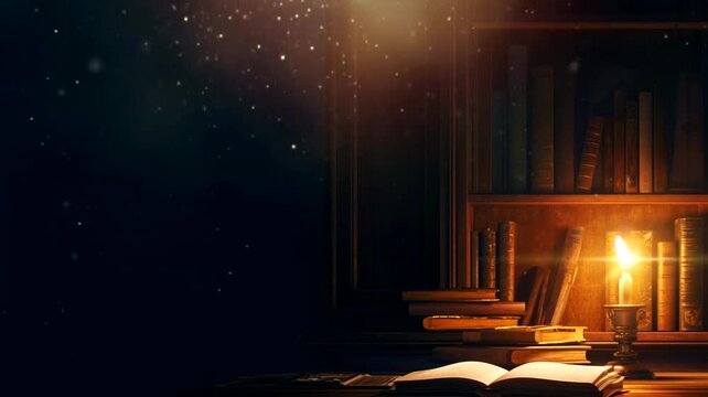 Scene from book and candle, animated illustration motion video repeating 4k	
