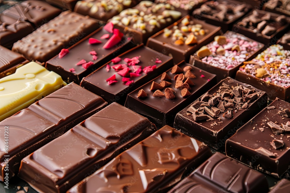 Poster Close up view of a variety of chocolate bars with different flavors and types neatly arranged. Generative AI