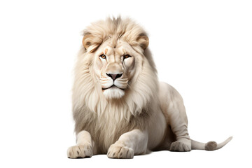 Obraz premium Majestic White Lion Sitting in Serenity on a White or Clear Surface PNG Transparent Background.