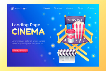 Gradient cinema landing page template with director chair and popcorns