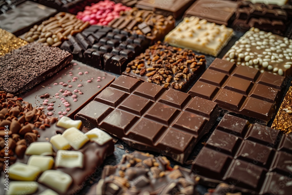 Aufkleber Various types of chocolate bars displayed on a table, showcasing a range of flavors and textures. Generative AI