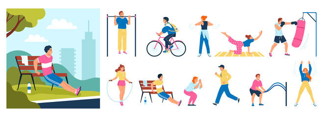 Outdoor training hand drawn cartoon icons and illustration set