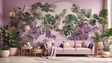 A living room with pink walls, white furniture, and many potted plants.