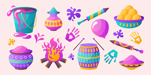 Hand drawn cartoon Happy Holi set