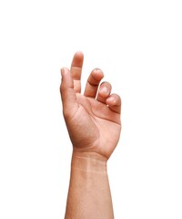 A man's hand raised his hand, gesturing like I was about to grab something. Or about to help isolated on white background.