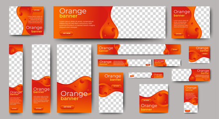 Orange Web Banner template set design. Vertical, horizontal and square template. Modern web layout set with standard size. vector