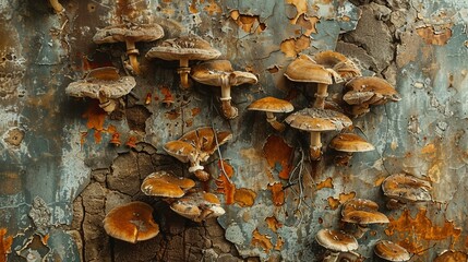 Rusty wall covered with mushrooms, intertwined with cracks and signs of neglect, urban decay theme