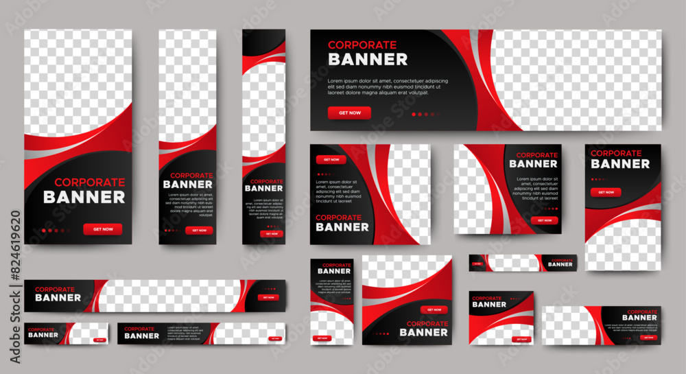 Poster business banner design web template set, horizontal header web banner. black and red. cover header b